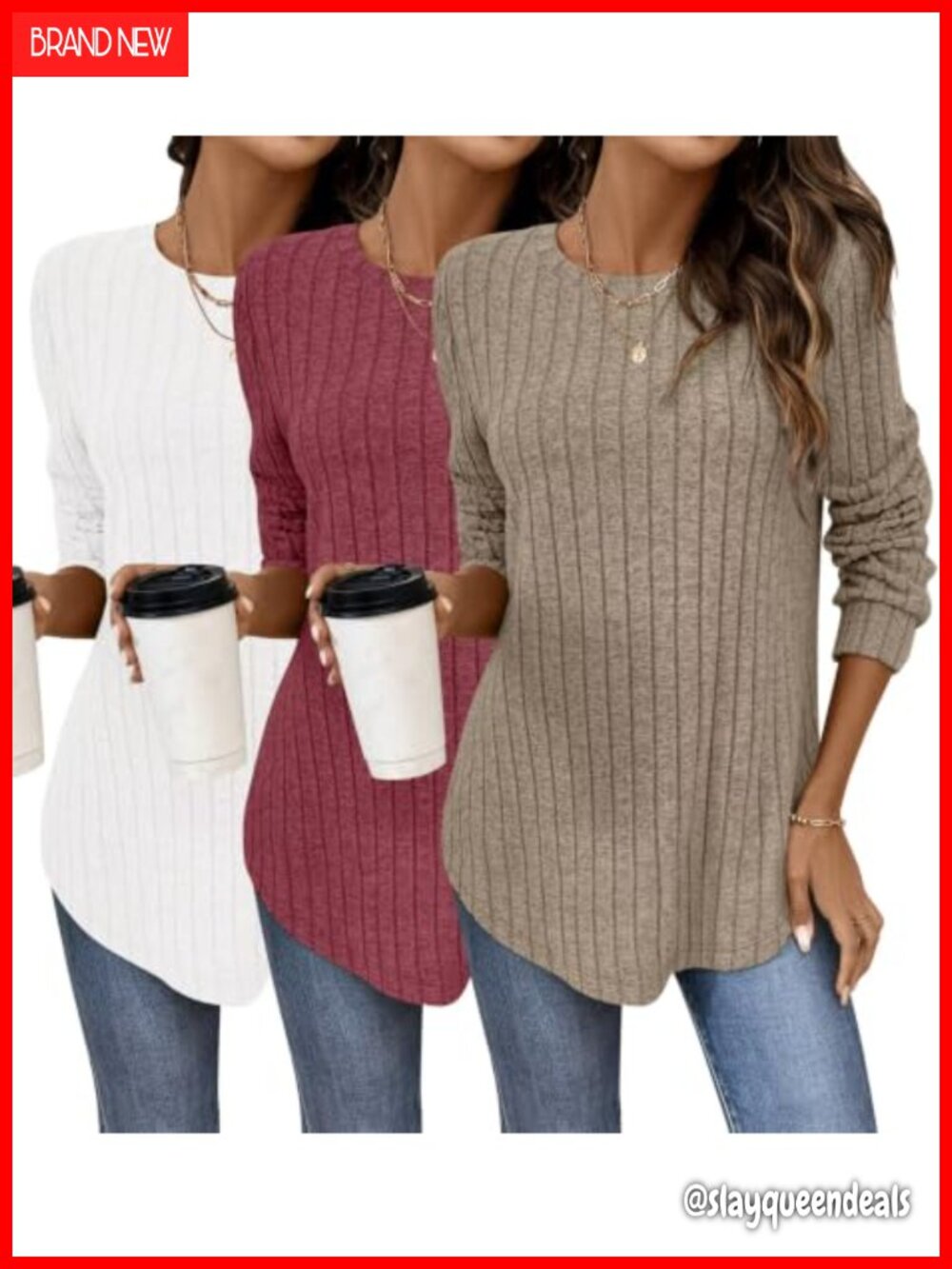 Womens 3 Pack Long Sleeve Tunic Tops Curved Hem Fall Layering Shirts